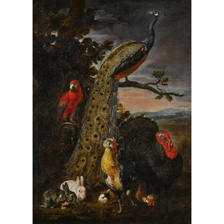 David de Coninck - Landscape with a peacock parrot chicken turkey two rabbits and a guineapig.webp