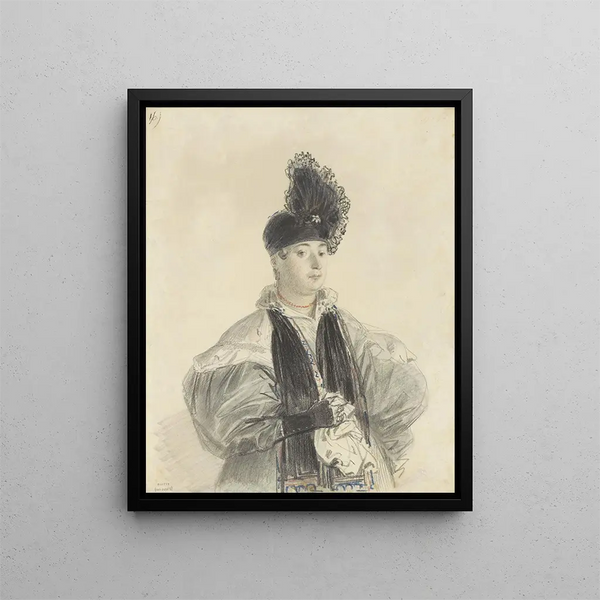 Portrait einer Dame stehend mit schwarzem Schal und schwarzem Hut - Denis Auguste Marie Raffet — gerahmtes Bild an der Wand