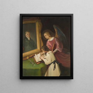 Dionys Ganter - Girl with a Guardian angel Writing in front of a Painting Portrait of the Founder Ph Merian.webp