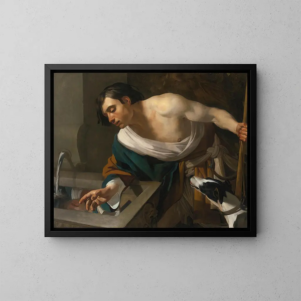 Narcisse, der sein Spiegelbild betrachtet - Dirck van Baburen — gerahmtes Bild an der Wand