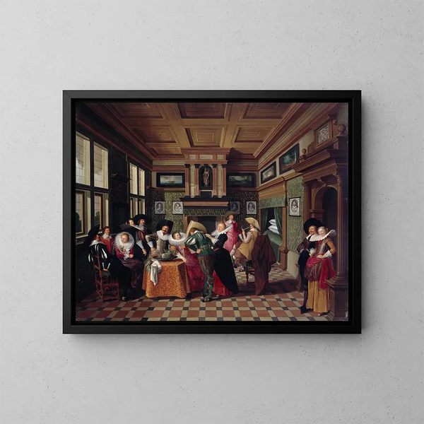 Ein Interieur mit Damen und Reitern - Dirck van Delen — gerahmtes Bild an der Wand