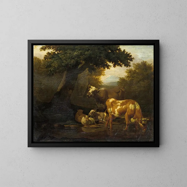 Vieh am Wasserloch - Dirck van Bergen — gerahmtes Bild an der Wand