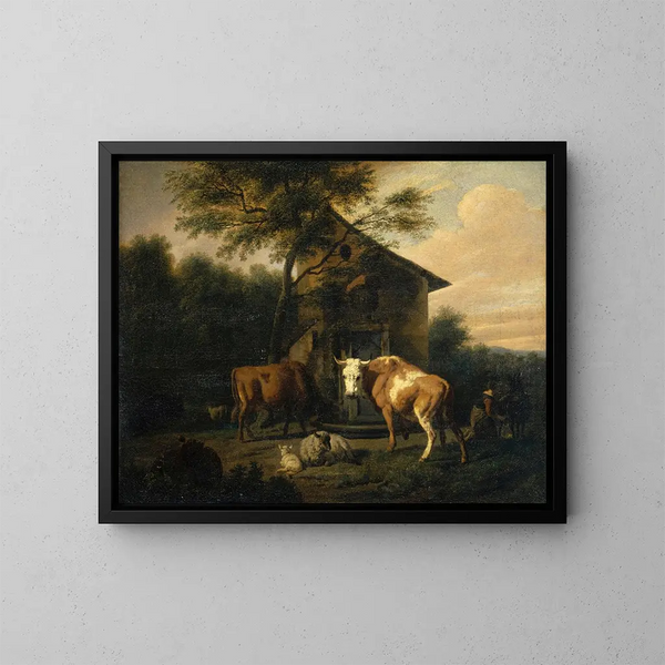 Bétail paissant - Dirck van Bergen — gerahmtes Bild an der Wand