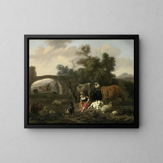Landschaft mit Hirten und Vieh - Dirck van Bergen — gerahmtes Bild an der Wand