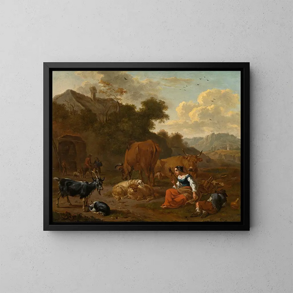 Landschaft mit einer Spinnerin und Vieh - Dirck van Bergen — gerahmtes Bild an der Wand