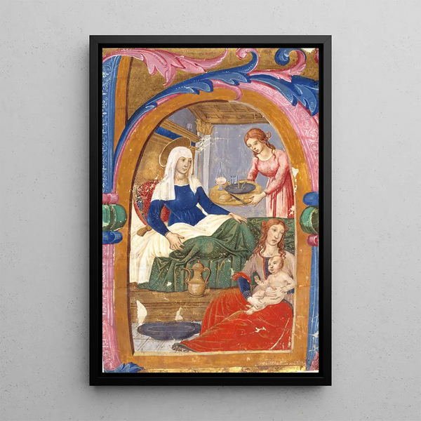 Die Geburt der Jungfrau in einer Initiale H - Domenico Ghirlandaio — gerahmtes Bild an der Wand