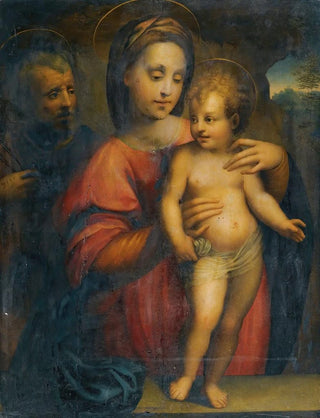 Domenico Puligo - Holy Family With The Madonna Supporting The Standing Christ Child On A Stone Ledge.webp