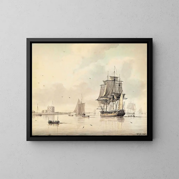 Eine Fregatte der Royal Navy, die ihre Segel in der Nähe des Schlosses Calshot in Southampton trocknet - Dominic Serres — gerahmtes Bild an der Wand
