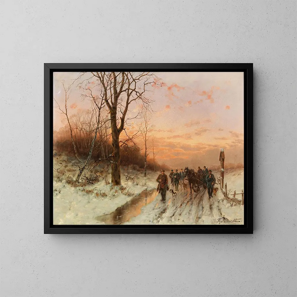 Rückkehr der Jagd bei Sonnenuntergang - Désiré Thomassin — gerahmtes Bild an der Wand