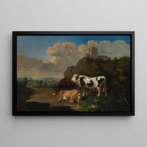 Ein Landschaft mit Vieh und Ruinen in der Ferne - Niederländische Schule — gerahmtes Bild an der Wand