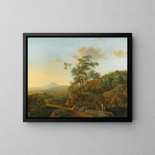 Ein italienisches Landschaft mit Reisenden - Niederländische Schule — gerahmtes Bild an der Wand