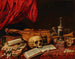 Musikinstrumente, Bücher, eine Sanduhr, eine Krug und ein Schädel auf einem Tisch, eine Vanitas - Niederländische Schule — Ansicht des Kunstwerks