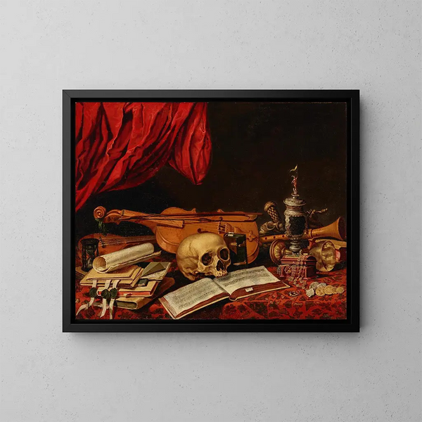 Musikinstrumente, Bücher, eine Sanduhr, eine Krug und ein Schädel auf einem Tisch, eine Vanitas - Niederländische Schule — gerahmtes Bild an der Wand