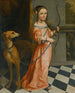 Porträt eines Mädchens in voller Länge in einem rosa Kleid mit einer Schleife und einem Hund - Niederländische Schule — Ansicht des Kunstwerks