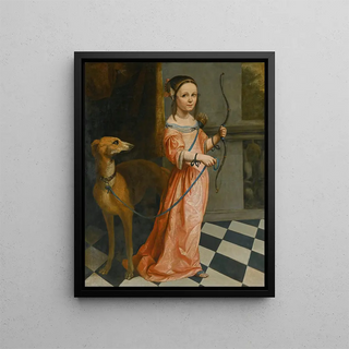 Dutch School - Portrait Of A Girl Full Length In A Pink Dress With A Bow And Hound.webp
