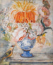 Blumenstillleben in einer Vase mit blauer Dekoration und einem neben sitzenden Vogel auf einer Fensterbank - Niederländische Schule — Ansicht des Kunstwerks