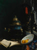 Natur stillleben mit einem chinesischen Räuchergefäß aus dem 18. Jahrhundert, einem emaillierten Porzellanteller und einem Hofnarr-Hut aus der Qing-Dynastie - E. A. Baron Deslandes — Ansicht des Kunstwerks
