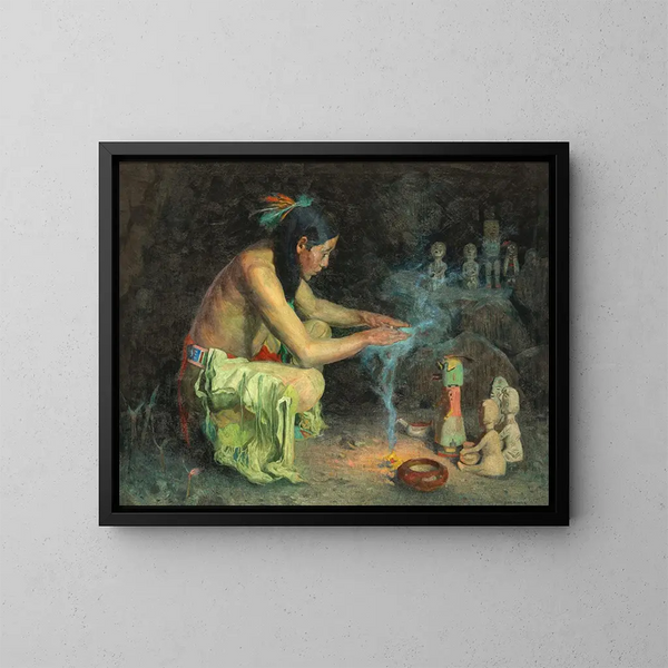 Heiligtum der Regen-Götter - Eanger Irving Couse — gerahmtes Bild an der Wand