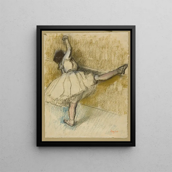 Tänzer, der sich an der Stange dehnt - Edgar Degas — gerahmtes Bild an der Wand