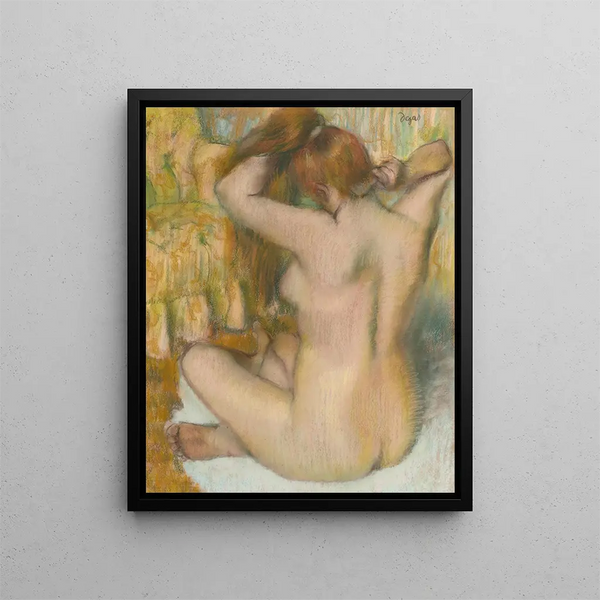Frau nackt von hinten beim Frisieren, Frau beim Schminken - Edgar Degas — gerahmtes Bild an der Wand