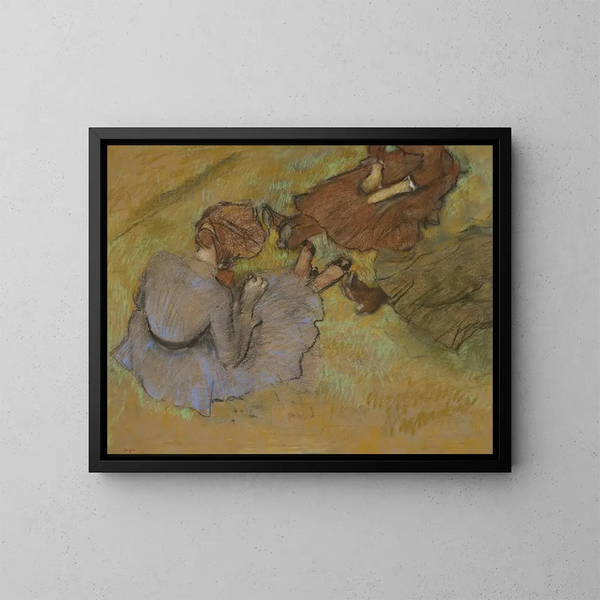 Frauen, die auf dem Gras sitzen - Edgar Degas — gerahmtes Bild an der Wand