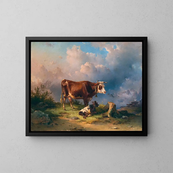 Eine Kuh mit Kalb in einer Alpenweide mit dem Dachstein-Massiv im Hintergrund - Edmund Mahlknecht — gerahmtes Bild an der Wand