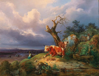 Eine Hirtin mit zwei Kühen in einer weiten Landschaft - Edmund Mahlknecht — Ansicht des Kunstwerks