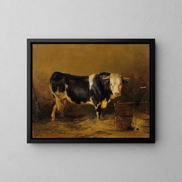 Stier im Stall - Edmund Mahlknecht — gerahmtes Bild an der Wand