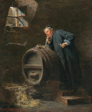Eduard von Grtzner - A monk in a wine cellar with a wine siphon.webp