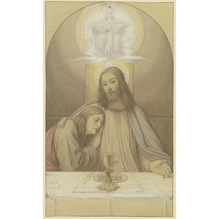 Eduard von Steinle - Christus mit dem Lieblingsjnger Johannes Halbfiguren am Tisch des letzten Abendmahles ber ihnen die Dreifaltigkeit.webp