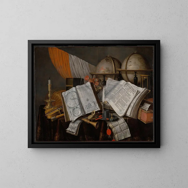 Naturstillleben Vanitas mit einer Flagge, einem Kerzenleuchter, Musikinstrumenten, Büchern, Schreibmaterial, Globen und einer Sanduhr - Edwaert Collier — gerahmtes Bild an der Wand