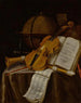 Stillleben Vanitas mit einer Violine, Blockflöten, Musikmanuskripten und einem Globus - Edwaert Collier — Ansicht des Kunstwerks