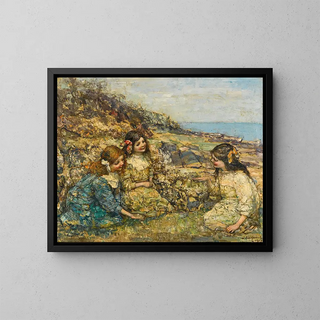 Souffler le pissenlit - Edward Atkinson Hornel — gerahmtes Bild an der Wand