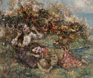 Mädchen, die Wildblumen pflücken - Edward Atkinson Hornel — Ansicht des Kunstwerks