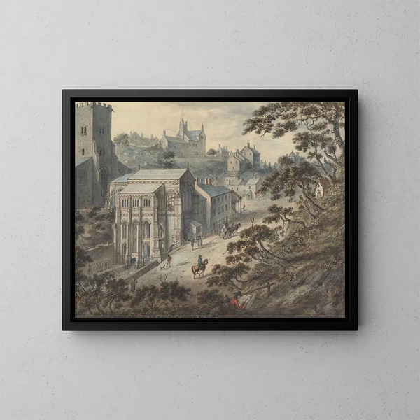 Der Brunnen von Sainte Winifred in Holywell, Flintshire, Wales, mit dem Künstler im Vordergrund - Edward Edwards — gerahmtes Bild an der Wand