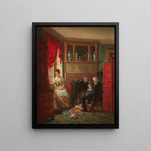 Am Kaminfeuer - Edward Lamson Henry — gerahmtes Bild an der Wand