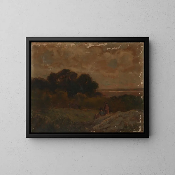 Landschaft ohne Titel mit zwei Frauen, die auf Felsen liegen - Edward Mitchell Bannister — gerahmtes Bild an der Wand