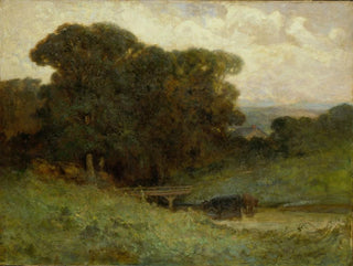 Szenen im Wald ohne Titel mit einer Brücke und Kühen im Bach im Vordergrund - Edward Mitchell Bannister — Ansicht des Kunstwerks