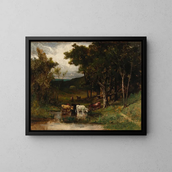 Landschaft ohne Titel mit Kühen in einem Bach in der Nähe von Bäumen - Edward Mitchell Bannister — gerahmtes Bild an der Wand