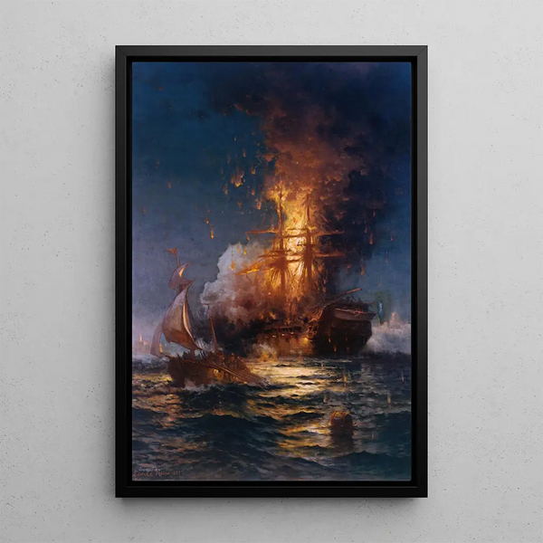Reproduktion des Gemäldes Brand des Fregatte Philadelphia im Hafen von Tripolis - Edward Moran