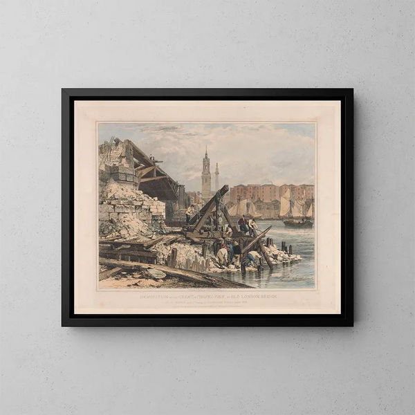 Abriss der großen Säule oder der Kapelle der alten Londoner Brücke - Edward William Cooke — gerahmtes Bild an der Wand