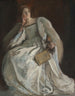 Dame in Weiß sitzend, rechte Hand am Kinn, hält einen Fächer - Edwin Austin Abbey — Ansicht des Kunstwerks
