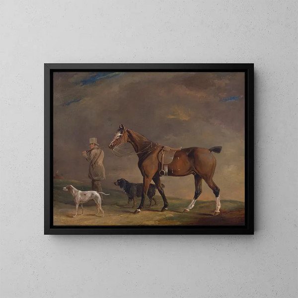 Ein Sportler mit einem Jagpferd und Jagdhunden - Edwin Cooper — gerahmtes Bild an der Wand