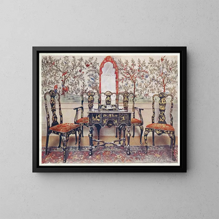 Stühle und Tisch in schwarzer Lackierung mit rotem Lackspiegel - Edwin Foley — gerahmtes Bild an der Wand