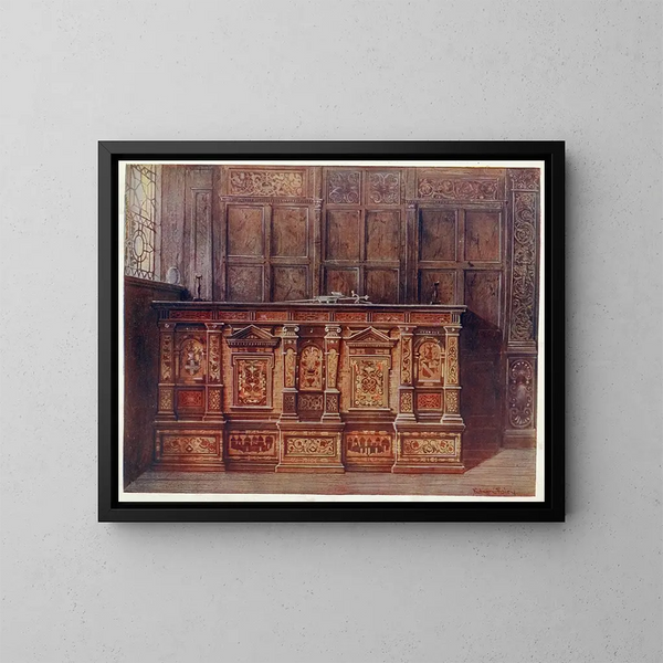 "Coffre à munition incrusté" geschenkt von Sir Hugh Offley, als er 1556 Bürgermeister von London war, in der Kirche Saint-Marie-Overie, heute Kathedrale Saint-Sauveur von Southwark - Edwin Foley — gerahmtes Bild an der Wand