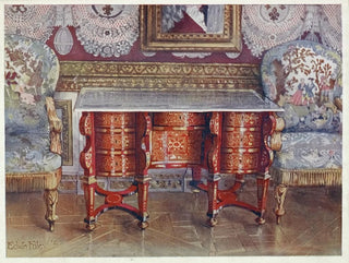 Bürotisch im Kniesitz aus rotem Schildpatt, mit lackiertem Stahlplatte, vergoldete Boulle-Polsterstühle mit Polsterbezug - Edwin Foley — Ansicht des Kunstwerks