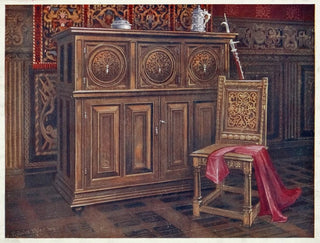 Chêne Cabinet Gemälde mit kreisförmigen konvexen Paneelen, armlose Nussbaumstuhl mit verschlungenem Blumenornament am Rücken - Edwin Foley — Ansicht des Kunstwerks