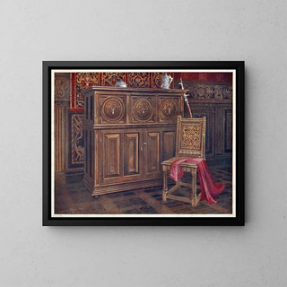 Chêne Cabinet Gemälde mit kreisförmigen konvexen Paneelen, armlose Nussbaumstuhl mit verschlungenem Blumenornament am Rücken - Edwin Foley — gerahmtes Bild an der Wand