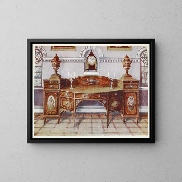 Buffet aus Satinholz, bemalt und eingelegt, Konsolenuhr aus Mahagoni - Edwin Foley — gerahmtes Bild an der Wand