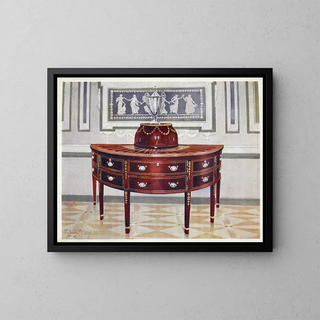 Halbkreisförmiges Buffet-Gemälde aus Mahagoni und mit einem Messerblock, marqueterie- und satinholzbeplankt, aus Mahagoni und Ebenholz - Edwin Foley — gerahmtes Bild an der Wand